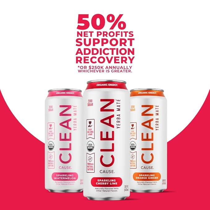 CLEAN Cause Zero Sugar Variety Pack Yerba Mate Tea Sparkling USDA Organic Energy Drink Alternative Zero Calorie 160mg Natural Caffeine Soda Alternative Plant-Based (16oz cans 12-Pack Case 3 Fla