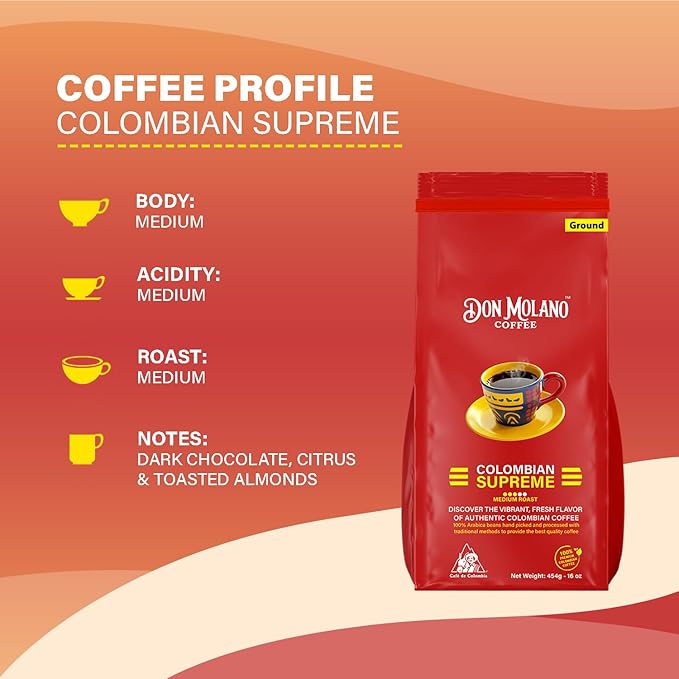 Don Molano Coffee Colombian Supreme Ground Coffee Medium Roast 16oz - Premium Colombian Coffee Halal Certified - Expertly roasted to bring out the perfect blend of acidity and sweetness with notes o