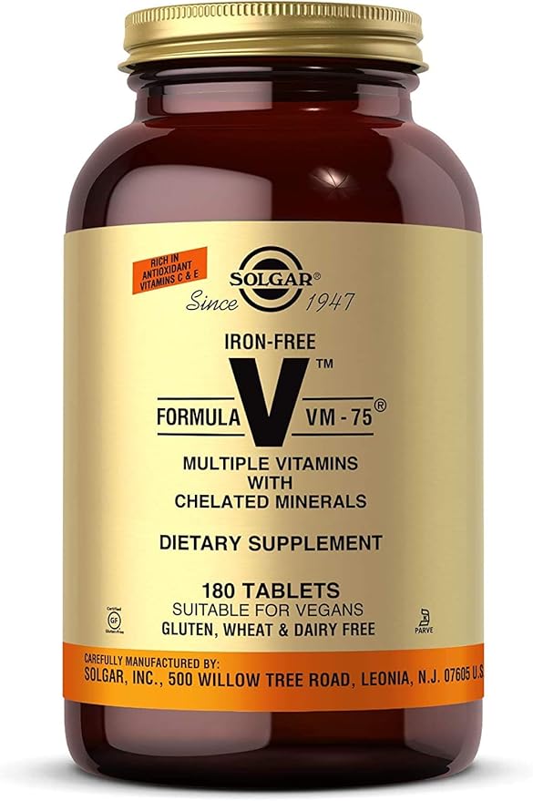 Solgar Iron-Free Formula VM-75 180 Tablets - Multivitamin with Chelated Minerals - Vitamin A B6 B12 C D E - Biotin Magnesium Calcium Zinc - Vegan Gluten &amp Dairy Free Kosher - 180 Servin