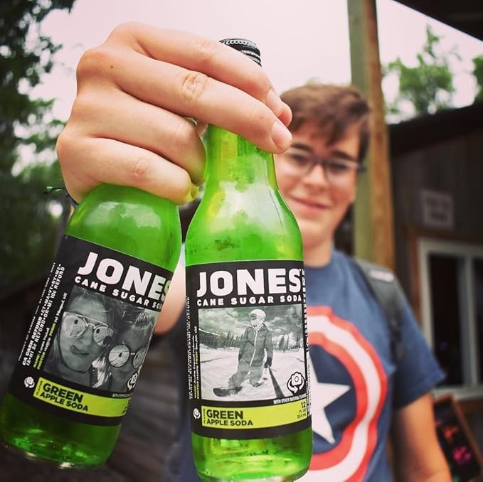 Four(4) Bottles - Jones Soda Co. Green Apple Soda Flavor | 100% Cane Sugar Soda | Craft Soda Pop | Soda Soft Drinks | Glass Bottle Soda