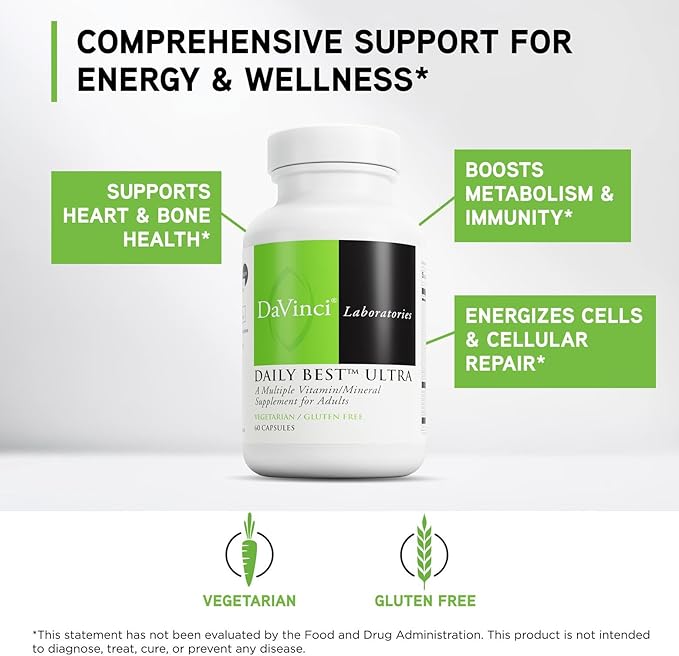 DAVINCI Labs Daily Best Ultra - Dietary Supplement to Support Cardiovascular Health Fat Metabolism and Bone Health* - with B Vitamins Minerals Choline CoQ10 Boron Lycopene - 60 Vegetarian Caps