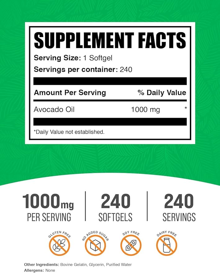 BulkSupplements.com Avocado Oil 1000mg Softgels - Avocado Oil Supplement Avocado Oil Capsules Avocado Oil Pills - Gluten Free &amp Soy Free 1 Avocado Oil Softgel per Serving 240 Softgels