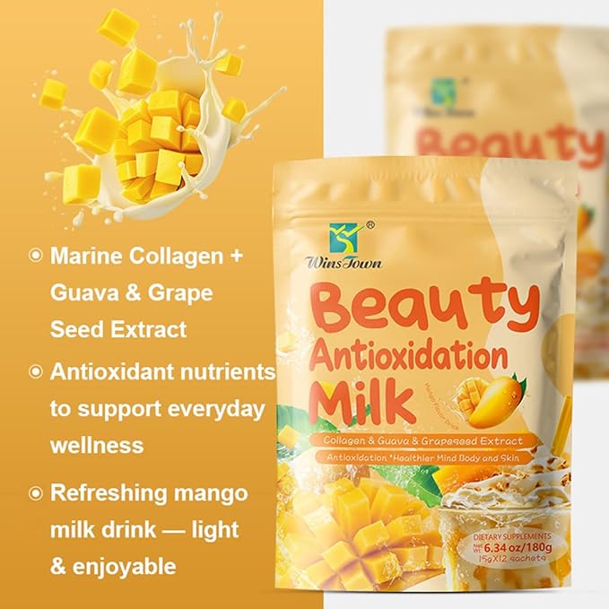 Mango Collagen Drink Mix–Creamy Beauty Milk Powder with Marine Collagen Peptides &amp Fruit Extracts–Daily Beauty Drink for Smooth Lifestyle Routines–6.34 oz