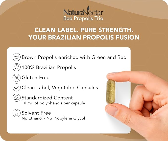NaturaNectar - Bee Propolis Trio Capsules NSF Certified Premium Brazilian Propolis - Gluten-Free Supplements with More Diverse Flavonoids &amp PWE - Naturally Sourced Through Ethical Beekeeping (60p