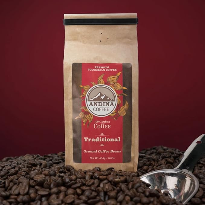 Andina Coffee Traditional Coffee Medium Roast Ground Coffee/Whole Bean Authentic Colombian Coffee Low Acidity 100% Arabica 1LB (Pack of 1) (Ground 1L (16Oz))