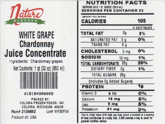 Nature Blessed 100% Pure Chardonnay White Grape Fruit Juice Concentrate - 4 Quarts (4/32 fl oz bottles) Great for Home Vintners Home Brewers Mead Smoothies or Making Jelly
