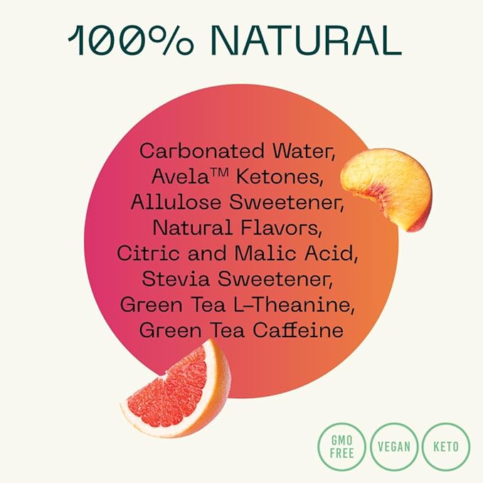 KEY Ketone Drink - Ketones for Energy &amp Focus Sugar Free &amp Low Caffeine from Green Tea with L-Theanine No Crash or Jitters All Natural Lightly Carbonated Grapefruit Peach (Pack of 12)