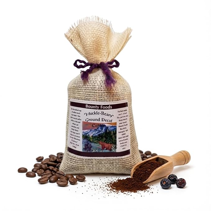 Montana Huckleberry Decaffeinated Ground Coffee - 12 oz Rustic Western Style Burlap Bag from Bounty Foods is Grown &amp Hand Picked in the Wild - Enjoy for Breakfast or All Day Long (Huck Decaf 12oz)