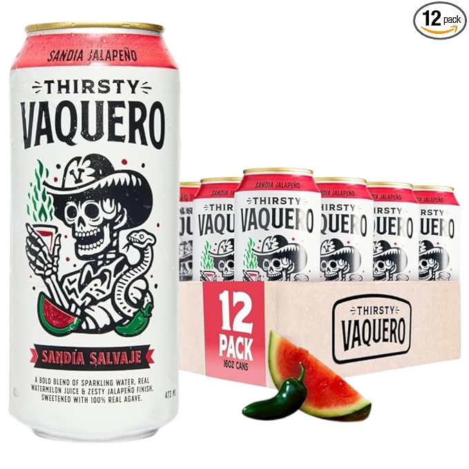 Thirsty Vaquero Watermelon Jalapeño Flavored soda (Sandia Salvaje) Mexican-inspired soda Real Fruit Juice &amp Savory Spices Made with Organic Agave Low Calorie Natural Juice 16 oz Cans 12-Pa