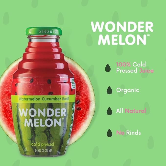 Wonder Melon Organic Watermelon Juice with Cucumber &amp Basil 8.45oz (6 Pack) 100% Juice Cold Pressed Best By: 6/27/2026