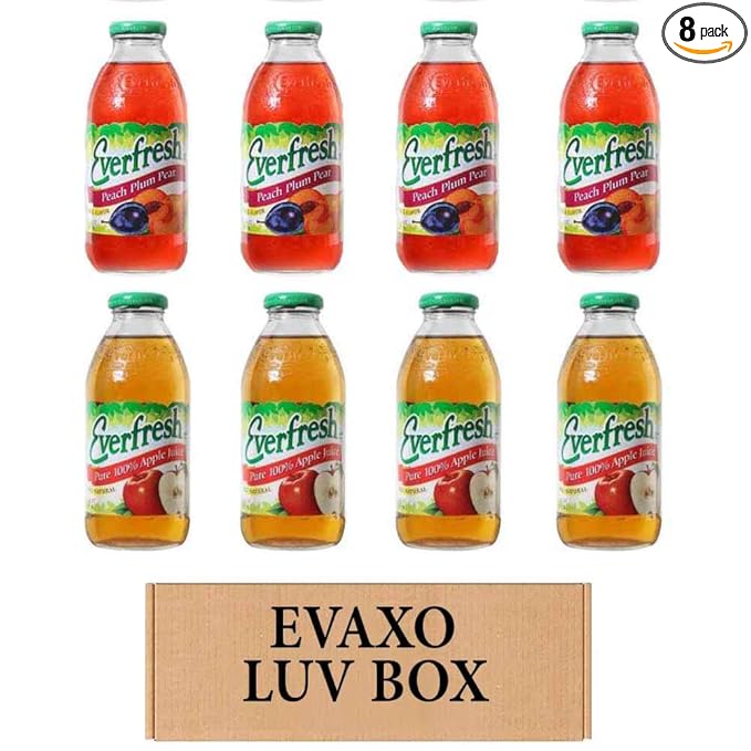 LUV BOX- variety Everfresh Juice 16 oz. pack of 8 Everfresh Peach Plum Pear Everfresh 100% Apple Juice. by evaxo