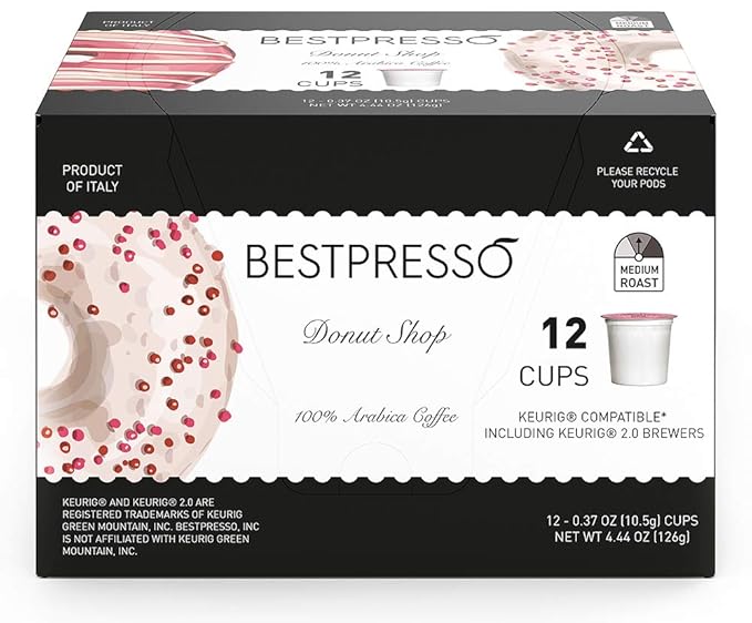 Bestpresso Coffee Donut Shop Medium Roast Single Serve K-Cup Pods 96 Count (Compatible With 2.0 Keurig Brewers) 8 Packs Of 12 Cups