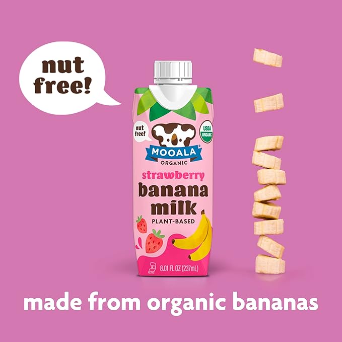 Mooala - Organic Strawberry Bananamilk Lunchbox Friendly Shelf-Stable Non-Dairy Nut-Free Plant-Based Beverage On the Go 12 Pack