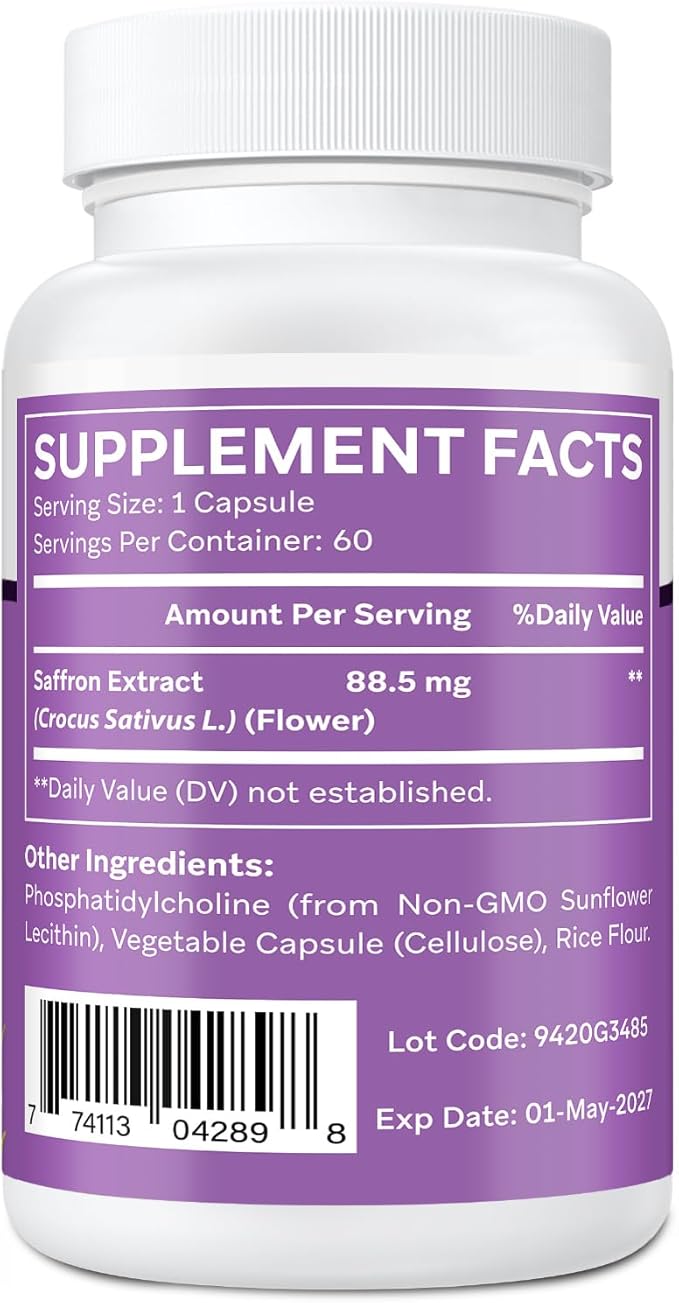 Liposomal Saffron Supplements 88.5 mg Maximum Absorption 100% Pure Saffron Extract Capsules for Mood Energy Vision &amp Focus - 60 Vegan Capsules