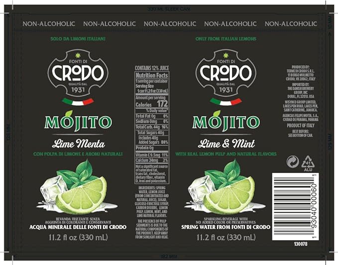 Fonti Di Crodo Mojito Italian Sparkling Beverage with Lime &amp Mint 11.2 Oz. Cans (Pack of 24)
