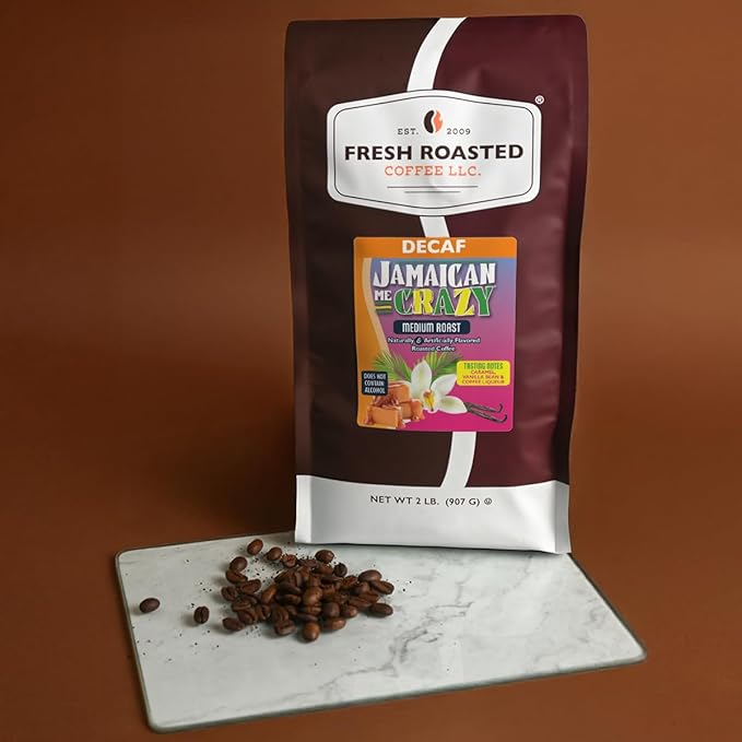 Fresh Roasted Coffee Decaf Jamaican Me Crazy Flavored Coffee 2 lb (32 oz) Medium Roast Kosher Whole Bean