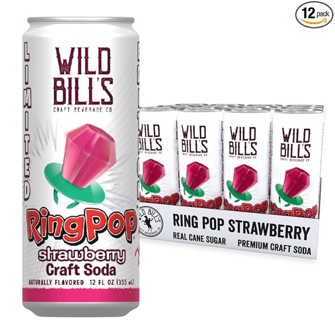 Wild Bill’s Strawberry Ring Pop Craft Soda Pop Soft Drinks – Pure Cane Sugar No HFCS Caffeine Free Vegan Gluten Free Low Sodium Lightly Carbonated – 12 Oz Cans 12 Pack