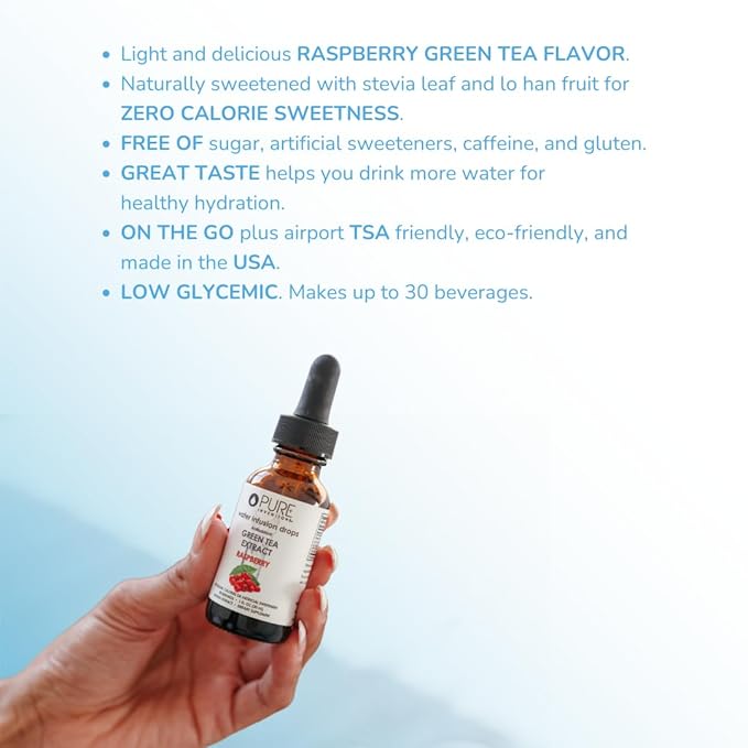 Pure Inventions - Water Infusion Drops - Daily Immunity Support Rich in Antioxidants Electrolytes - No Sugar Calories or Artificial Sweeteners - Green Tea Raspberry 30 serv.