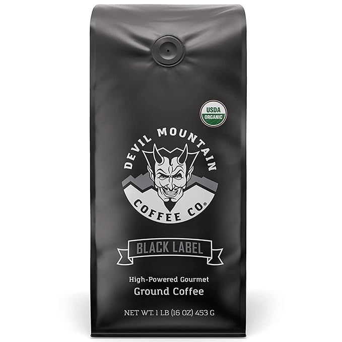 Devil Mountain Coffee Black Label Dark Roast Ground Coffee Strong High Caffeine Coffee Grounds USDA Organic Fair Trade Gourmet Artisan Roasted Strongest Coffee in the World 16 oz Bag