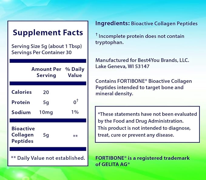 Collagen Bioactive Hydrolyzed Collagen Peptides Powder Supplement FORTIBONE® Unflavored Type I and III Gluten Free Kosher 30 Day Supply (1 Pack)