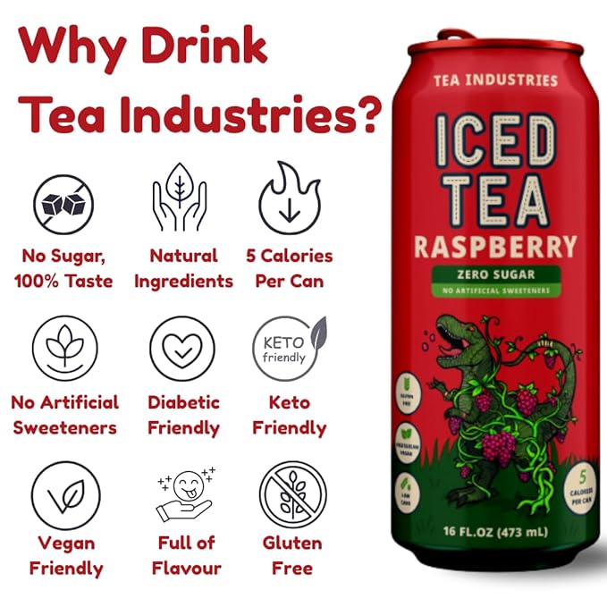 Tea Industries Black Tea with Raspberry Iced Tea – Sugar Free Low Calorie Refreshing Drink Natural Fruity Flavor 16oz Cans (12-Pack)