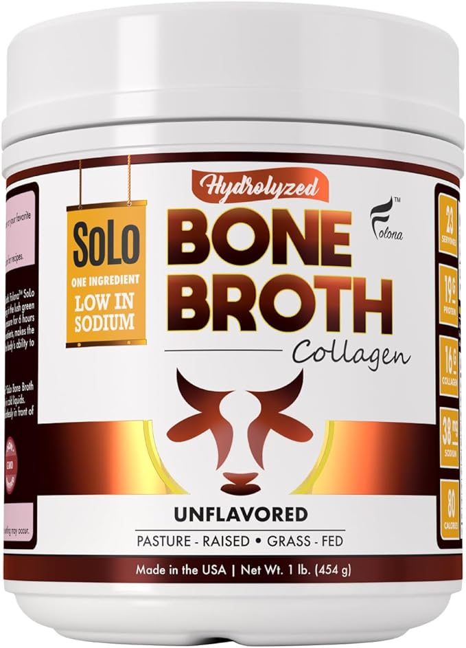Solo Bone Broth Protein Collagen Powder Low Sodium 16g Hydrolyzed Collagen Type I &amp III for Healthy Skin Nails Hair Joints &amp Digestion Grass Fed 1 lb (Canister - Net Wt. 1 lb. Powder)