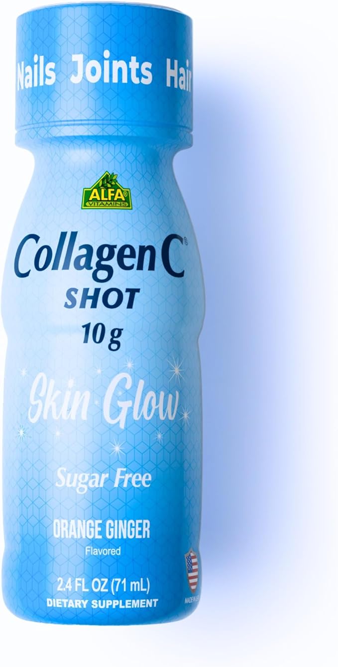 CollagenC - Skin Glow Shot 20 Pack - Collagen 10g Vitamin c 1000mg Biotin 1000mcg Vitamin D 800 IU - Natural Orange-Ginger Flavor 2.0oz Bottle - 80 Pack