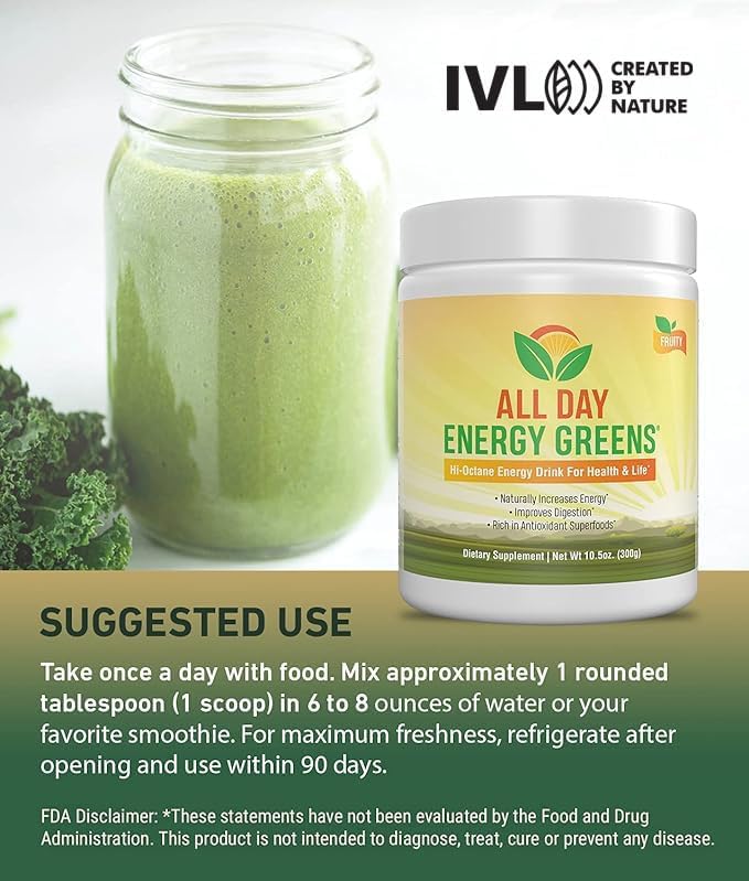 IVL - All Day Energy Greens - Supplement Powder Mix Drink Greens Powder Superfood - Super Greens Blend for Optimal NutritionEnergy &amp DigestionSuperfood Boost(Fruity Flavor)