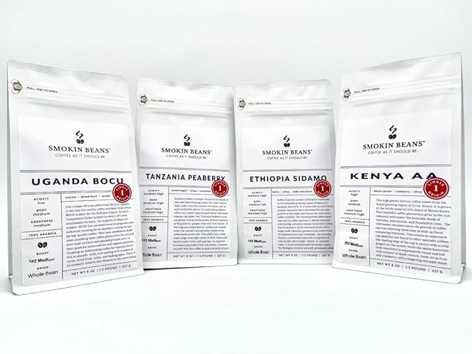Smokin Beans Africa Bean Box – Kenya AA Ethiopia Sidamo Tanzania Peaberry Uganda – 4 bags 8oz each - Medium Roast – Shade Grown Sun Dried African Coffee Beans