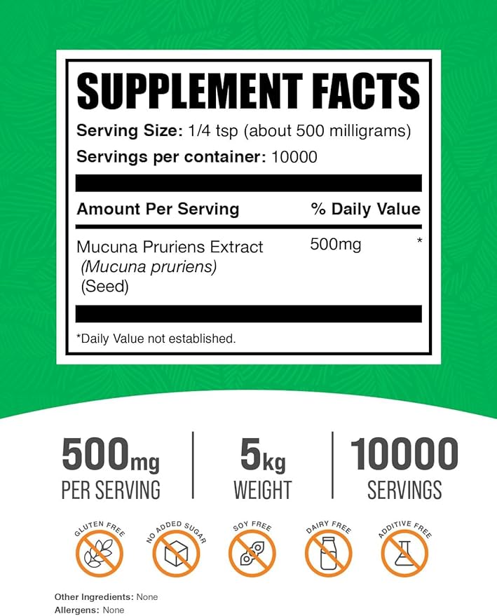 BulkSupplements.com Mucuna Pruriens Extract Powder - Mucuna Pruriens Supplements - Vegan &amp Gluten Free 500mg per Serving 5kg (11 lbs) (Pack of 5)
