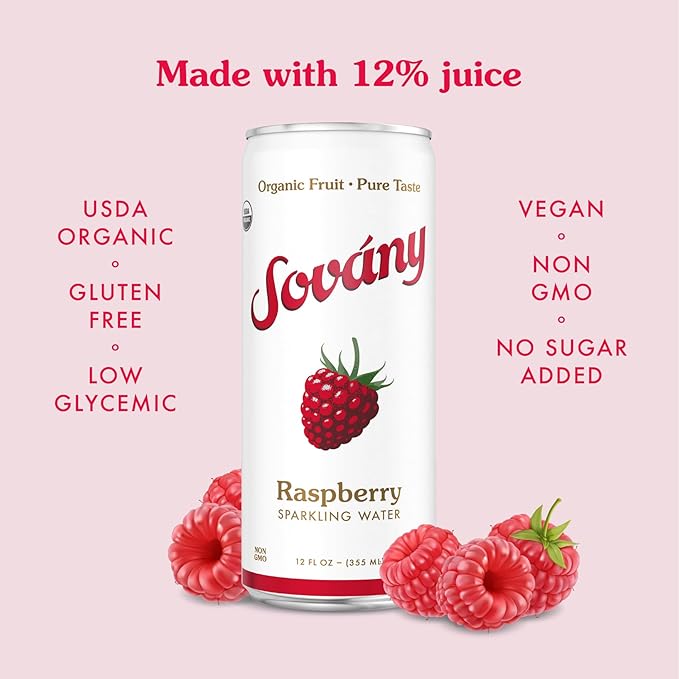 Sovány Sparkling Water Raspberry Seltzer Water Drinks USDA Organic Made With Real Fruit Non-GMO Vegan No Added Sugar Low Calorie 12 fl oz 12 Pack