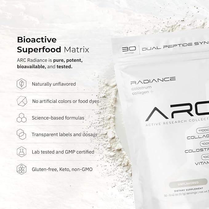 ARC Radiance Collagen &amp Colostrum Powder – Supports Youthful Skin Strong Joints &amp Gut Health – Grass-Fed Type I &amp III Collagen – Boost Immunity &amp Recovery – Keto Gluten-Free Unflavo