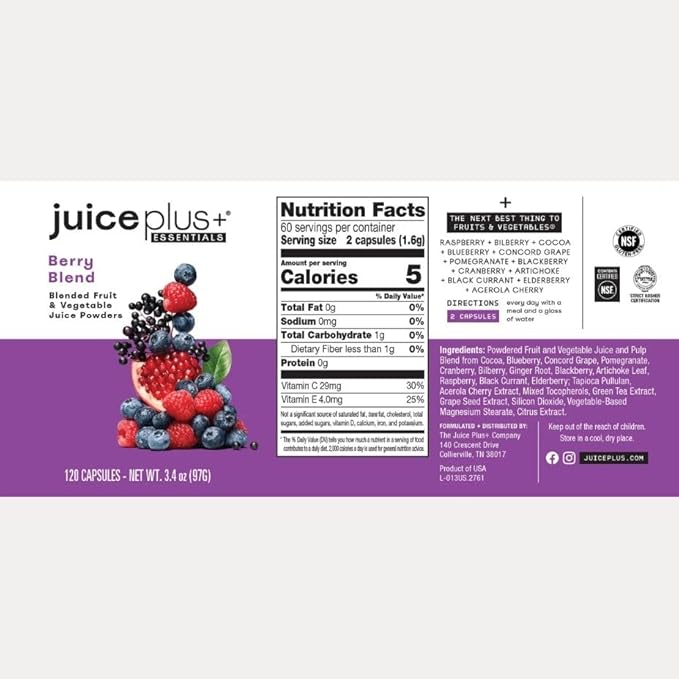 Juice Plus+ Fruit Vegetable Berry &amp Omega Blend Capsules - Nutrition from 30 Fruits Vegetables &amp Berries + Plant-Based Omega Fatty Acids - 4 Bottles (60 Servings Each)