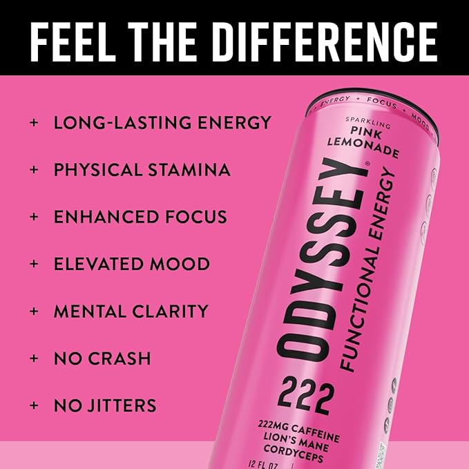 Odyssey Functional Energy Drink for Focus Cognition &amp Mood Support 12 Pack - Adaptogenic Drink with 222mg Green Tea Caffeine Lion’s Mane Cordyceps L-Theanine &amp Ginseng - Sparkling Pink Lem