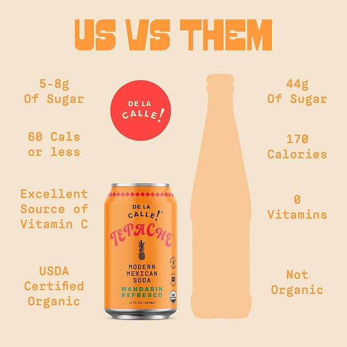 De La Calle Tepache - Mandarin - Modern Mexican Soda - Craft Fermented Pineapple Sparkling Beverage - Certified Organic Antioxidant Rich Non-Alcoholic Healthy Soda Low Sugar Low Calorie Non-GMO