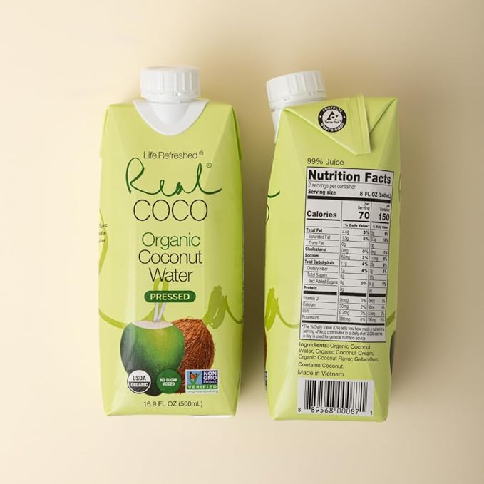 Real Coco Organic Pressed Coconut Water (12-Pack 500mL) USDA Organic No Sugar Added Essential Electrolytes Plant Based NON GMO Dairy &amp Soy Free