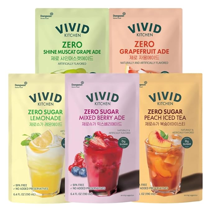 VIVID KITCHEN Lemonade Pouch Drinks – Zero Sugar Zero Calories | Korean Convenience Store Drink | No Artificial Preservatives or Corn Syrup | 6.4 fl oz (10 Pouches) (10 Pouch Lemonade)