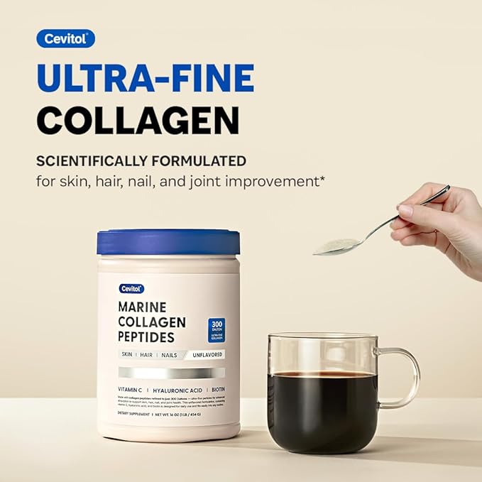 Marine Collagen Peptides - Hydrolyzed Ultra-fine Collagen Powder for Women &amp Men Hyaluronic Acid Biotin Vitamin C for Skin Hair Nails Joints Non-GMO Unflavored Easily Dissolved 16oz