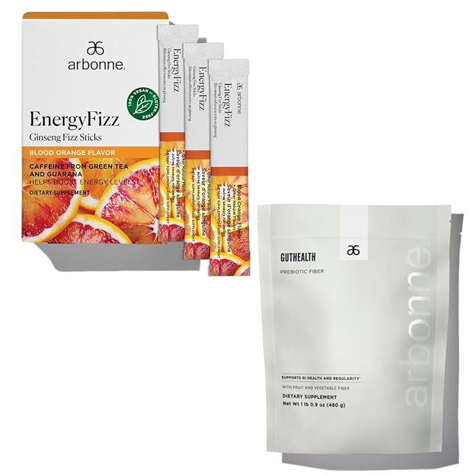 Arbonne Ginseng Energy Supplements (Blood Orange) with GutHealth Prebiotic Fiber Powder