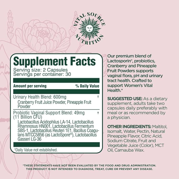 Vital Source Nutrition - ViXi - Feminine Balance Capsules - Vaginal Wellness &amp pH Support - with LactoSpore Cranberry + Pineapple Fruit Powder -Supports Urinary Wellness &amp Healthy Flora -30 S