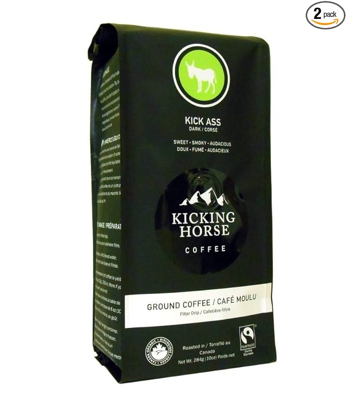 Kicking Horse Ground Coffee Kick Ass Dark Roast 10 Ounce (Pack of 2)