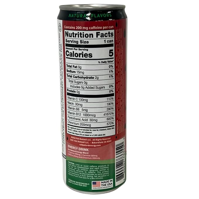 RAT BASTARD Energy Drink - Sugar-Free Caffeinated Beverage Natural Caffeine to Boost Energy and Focus Wild Watermelon Flavor 12 fl oz Can (Case of 12)