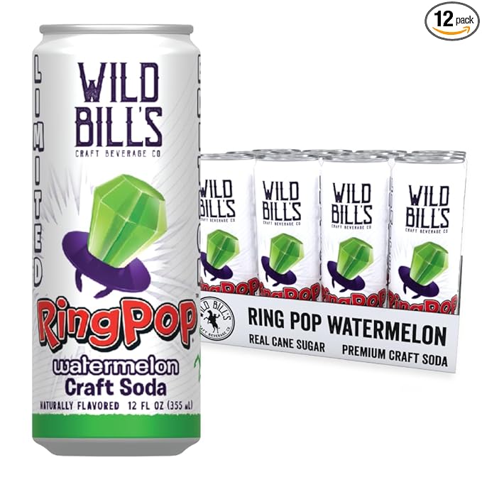 Wild Bill’s Watermelon Ring Pop Craft Soda Pop Soft Drinks - Pure Cane Sugar No HFCS Caffeine Free Vegan Gluten Free Low Sodium Lightly Carbonated – 12 Oz Cans 12 Pack