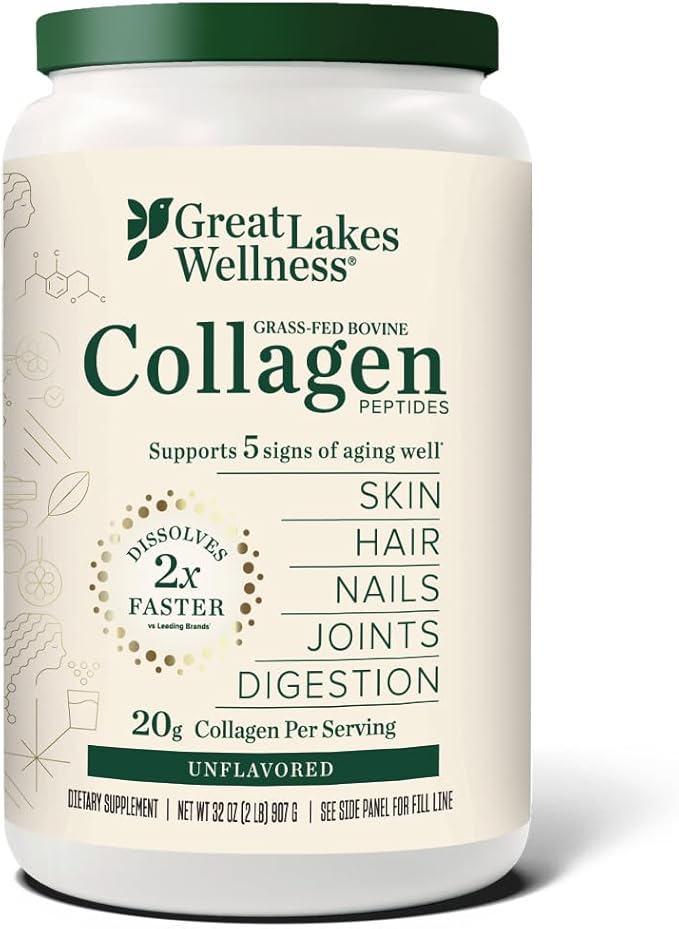 Great Lakes Wellness Collagen Peptides Powder – Supports Skin Hair Nails Joints &amp Digestion – Hydrolyzed Quick Dissolve Non-GMO Keto &amp Kosher – Pure Collagen Protein (32 oz 45 Servings)
