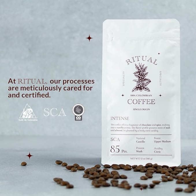 Ritual Specialty Coffee - Colombian Single Origin Whole Bean Coffee Low Acid Intense  Upper Medium Roast SCA 85+ Score (Dark Chocolate Almond Malt) 12oz (340g) 100% Arabica Castillo Espresso