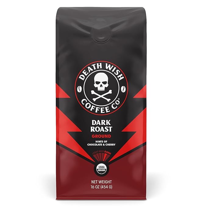 Death Wish Coffee Co. Ground Coffee Bundle Includes 1 Pack of Dark Roast (16 oz) and 1 Pack of Medium Roast (16 oz)