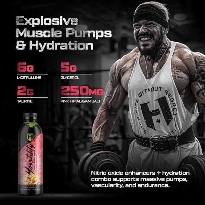 HOSSTILE Hosstility RTD Pre-Workout – Ready to Drink Pre Workout for Energy Focus Pump &amp Hydration All-in-One Formula for Performance Strawberry Kiwi 12 Servings