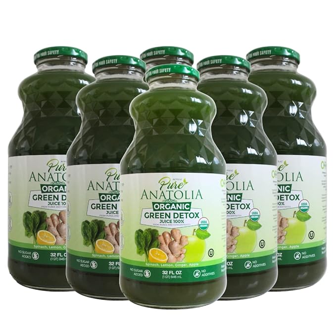 Organic Green Detox Juice by Pure Anatolia Apple Spinach Lemon Ginger mix juice USDA Organic Fruit and Vegetables Juice Vegan No added Sugar Pack of 6