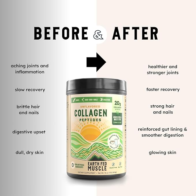Earth Fed Muscle Collagen Peptides Powder – Unflavored Collagen Protein Powder for Women &amp Men | Supports Hair Skin Nails Joints &amp Recovery | Sugar &amp Gluten-Free Keto Friendly 20g Per