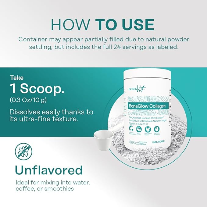 Multi Collagen Peptides - Types I II III IV V &amp X - Premium Hydrolyzed Collagen Powder for Women &amp Men - with Vitamin C Digestive Enzymes &amp Probiotics - 24 servings - BonaGlow Unflavo